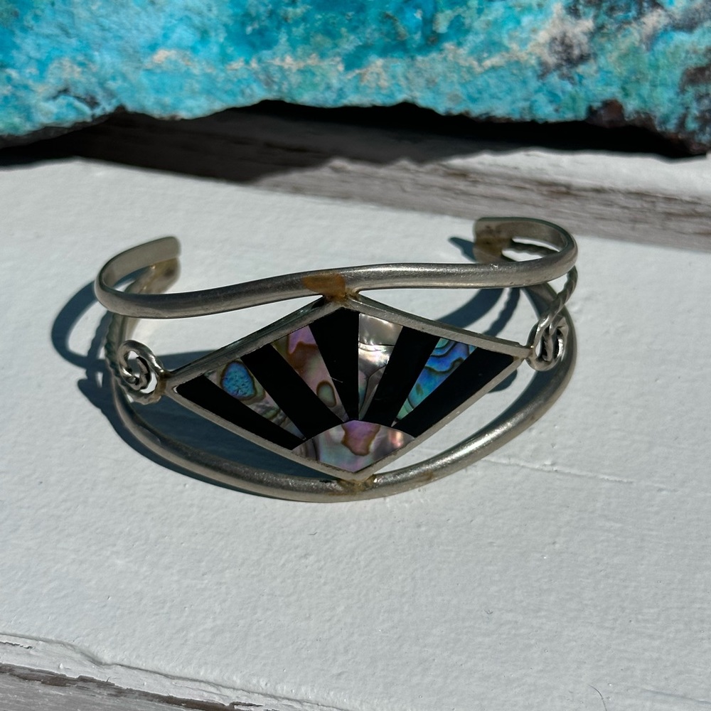 Vintage 70’s Abalone Shell Sunset in Sterling Silver Cuff Bracelet Alpaca Mexico
